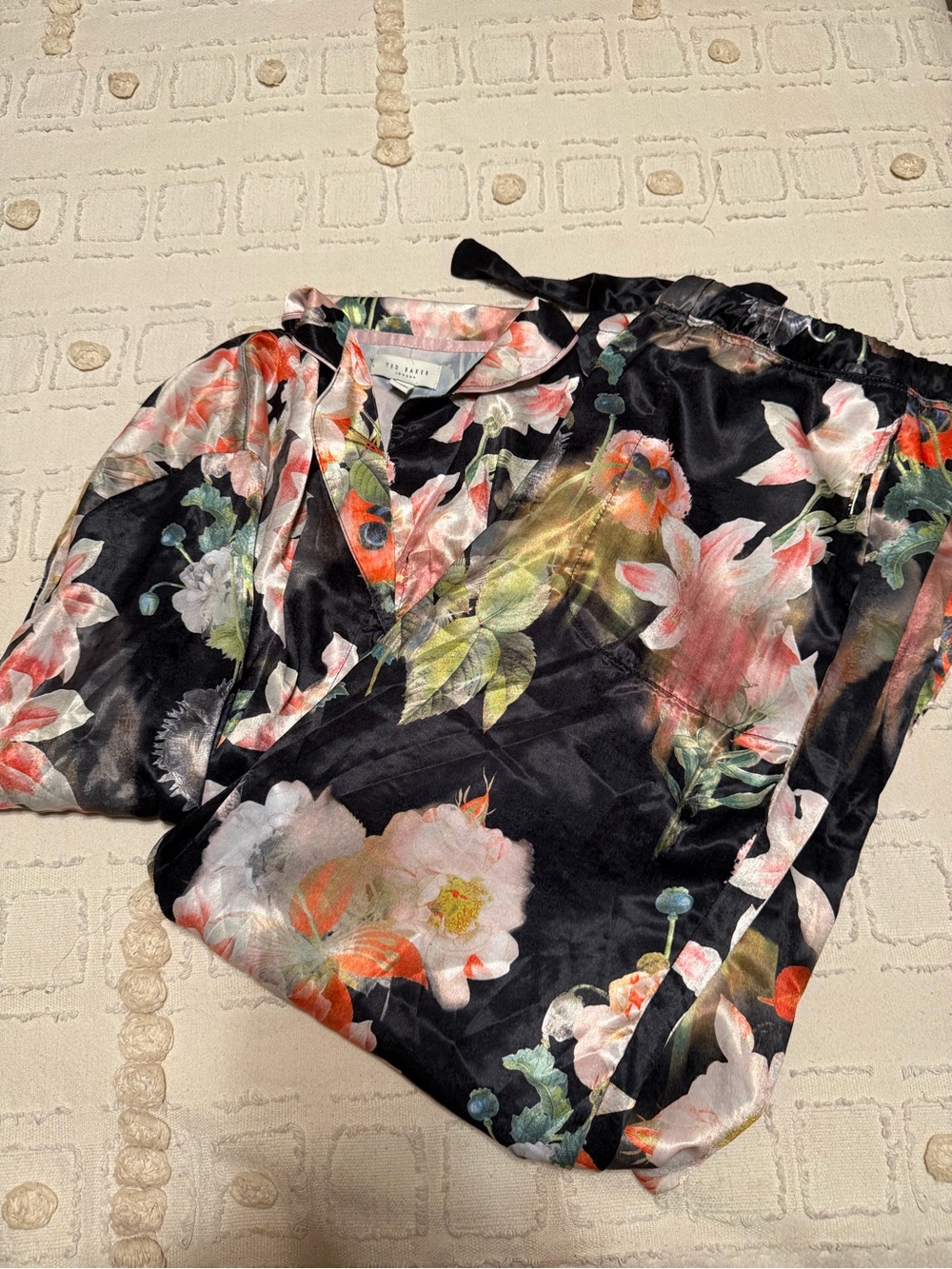 Ted Baker London Black Floral Satin Jumpsuit with Pink & Coral Blooms